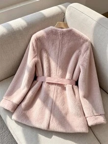 Rusticease Women's Elegant Solid Color Faux Fur Coat For Vacation Dinner Date Dusty Pink Winter - Pink - View 2
