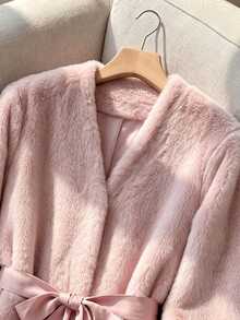 Rusticease Women's Elegant Solid Color Faux Fur Coat For Vacation Dinner Date Dusty Pink Winter - Pink - View 4