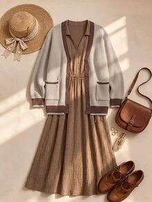 Rusticease Contrast Trim Dual Pocket Cardigan - Khaki - View 5