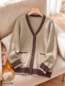 Rusticease Contrast Trim Dual Pocket Cardigan - Khaki - View 3