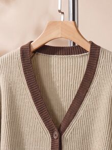 Rusticease Contrast Trim Dual Pocket Cardigan - Khaki - View 4