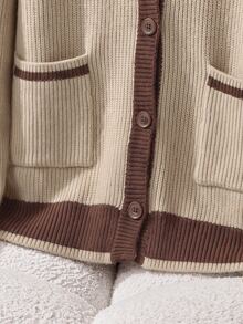 Rusticease Contrast Trim Dual Pocket Cardigan - Khaki - View 6