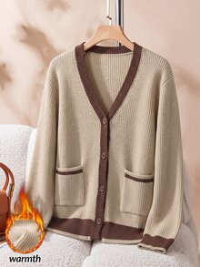 Rusticease Contrast Trim Dual Pocket Cardigan - Khaki - View 1