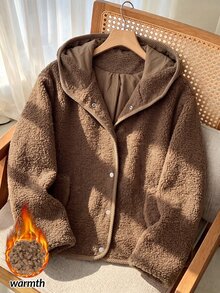 Rusticease Button Front Hooded Teddy Coat - Brown - View 1