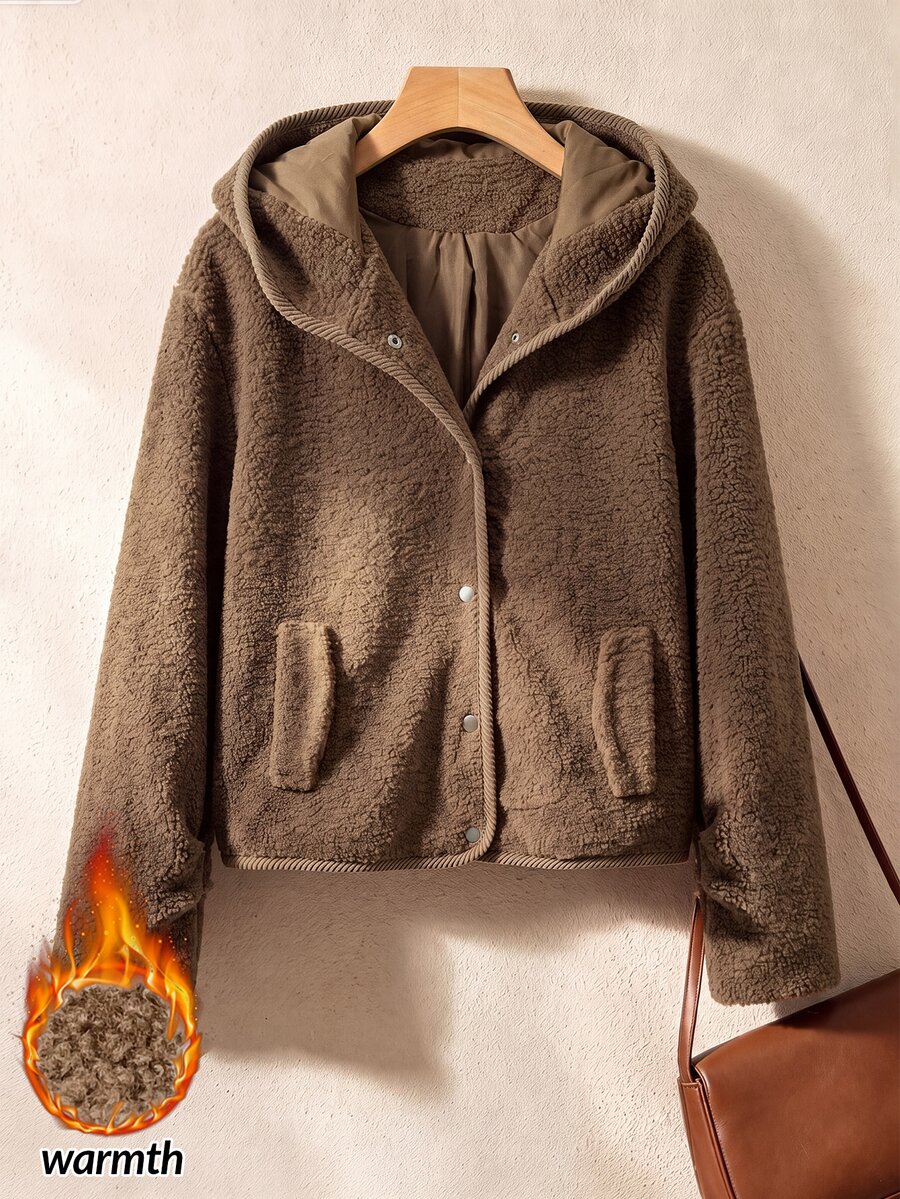 Rusticease Button Front Hooded Teddy Coat - Brown - View 1