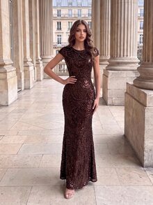 Modelyn فستان سهرة أنيق مزين بالخرز والترتر بتصميم حورية البحر لحفلات العشاء والبروفات وحفلات الزفاف الشتوية - بني - مشاهدة 5