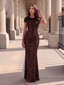 Modelyn فستان سهرة أنيق مزين بالخرز والترتر بتصميم حورية البحر لحفلات العشاء والبروفات وحفلات الزفاف الشتوية - بني - مشاهدة 6