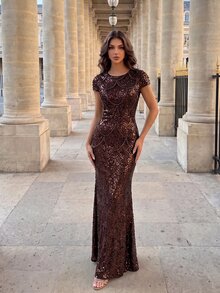 Modelyn فستان سهرة أنيق مزين بالخرز والترتر بتصميم حورية البحر لحفلات العشاء والبروفات وحفلات الزفاف الشتوية - بني - مشاهدة 3