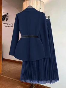 Franclia 女式纯色翻领长袖夹克和百褶中裙优雅套装，秋季 - 藏蓝色 - 查看 2