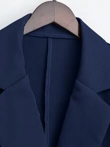 Franclia 女式纯色翻领长袖夹克和百褶中裙优雅套装，秋季 - 藏蓝色 - 查看 7