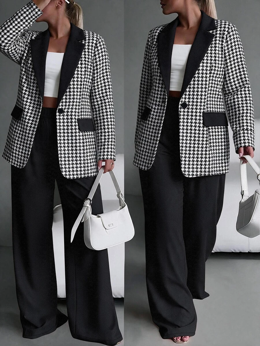 EMERY ROSE Plus Size Women's Houndstooth Print Lapel Single-Button Blazer And Pants Set, Suitable For Graduation Season, Back To School, Teacher's Day And Other Occasions, Autumn Women's Clothing - Multicolor - View 1