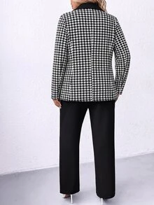 EMERY ROSE 大尺碼女款千鳥格印花翻領單扣西裝外套與長褲套裝，適合畢業季、返校季、教師節及其他場合，秋季女裝 - 彩色 - 查看 2