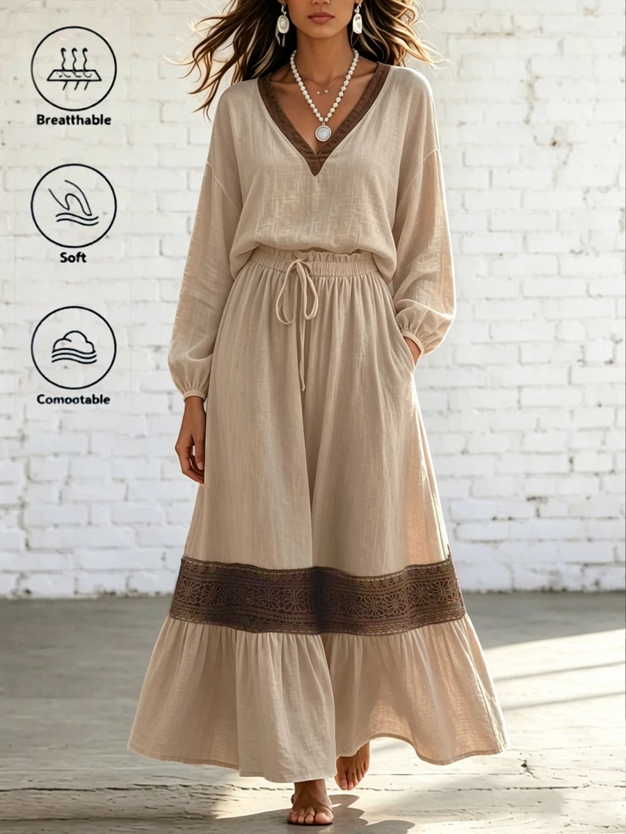 LUMIGAL Color Block Long Sleeve Top + Ruffle Spliced Skirt 2 Pieces Set, Chic Boho Casual For Daily Vacation Vacation Beige Autumn - Multicolor - View 1