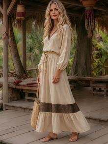 LUMIGAL Color Block Long Sleeve Top + Ruffle Spliced Skirt 2 Pieces Set, Chic Boho Casual For Daily Vacation Vacation Beige Autumn - Multicolor - View 8