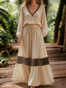 LUMIGAL Color Block Long Sleeve Top + Ruffle Spliced Skirt 2 Pieces Set, Chic Boho Casual For Daily Vacation Vacation Beige Autumn - Multicolor - View 3