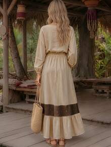 LUMIGAL Color Block Long Sleeve Top + Ruffle Spliced Skirt 2 Pieces Set, Chic Boho Casual For Daily Vacation Vacation Beige Autumn - Multicolor - View 2