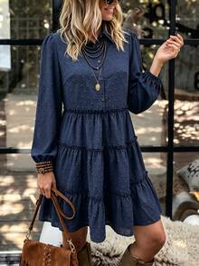 LanaWest Women's Solid Color Lantern Sleeve Short Dress For Vacation And Casual Wear - Navy Blue - View 4