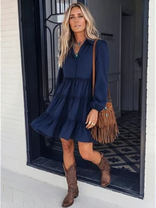 LanaWest Women's Solid Color Lantern Sleeve Short Dress For Vacation And Casual Wear - Navy Blue - View 1