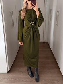 Elenzga Robe unie à fronces devant - Vert olive - Voir 6