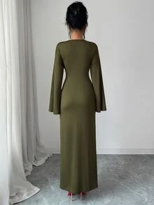 Elenzga Robe unie à fronces devant - Vert olive - Voir 2