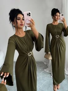 Elenzga Robe unie à fronces devant - Vert olive - Voir 3