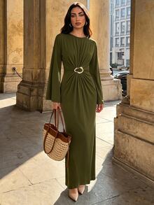 Elenzga Robe unie à fronces devant - Vert olive - Voir 7