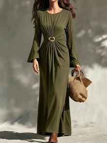 Elenzga Robe unie à fronces devant - Vert olive - Voir 1