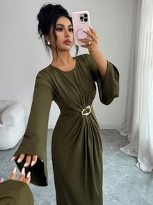 Elenzga Robe unie à fronces devant - Vert olive - Voir 4