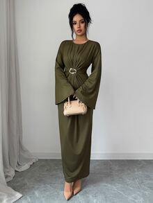 Elenzga Robe unie à fronces devant - Vert olive - Voir 5