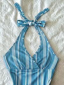 IslaSuriya Digital Print Women's Striped Print Halter Backless Tie Strap Camisole - Multicolor - View 3