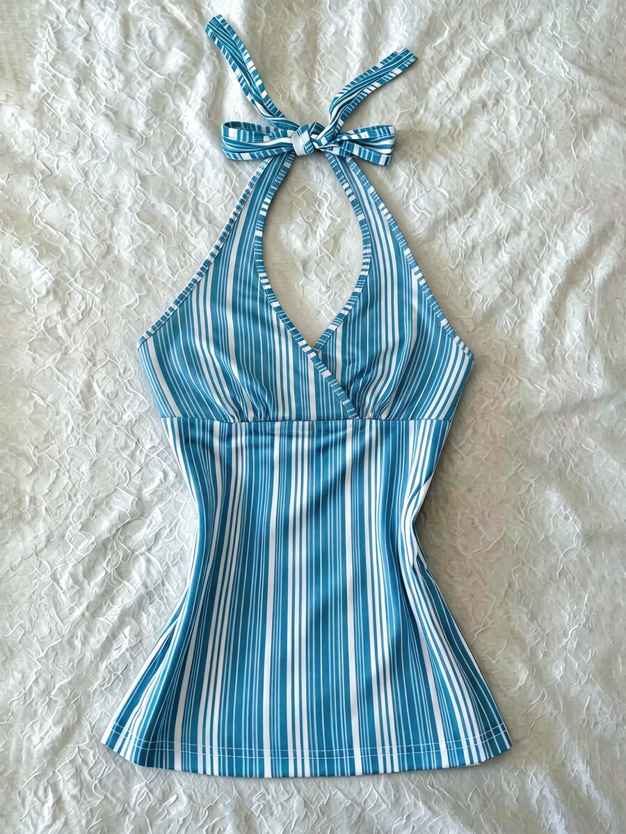 IslaSuriya Digital Print Women's Striped Print Halter Backless Tie Strap Camisole - Multicolor - View 1