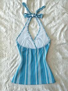 IslaSuriya Digital Print Women's Striped Print Halter Backless Tie Strap Camisole - Multicolor - View 2
