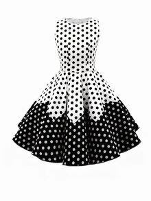 Franclia Women's White And Black Polka Dot,Summer,Retro Vintage,Tea Party Sleeveless Wavy Patchwork Casual Flared Midi Dress(Without A Belt) - Black and White - View 2