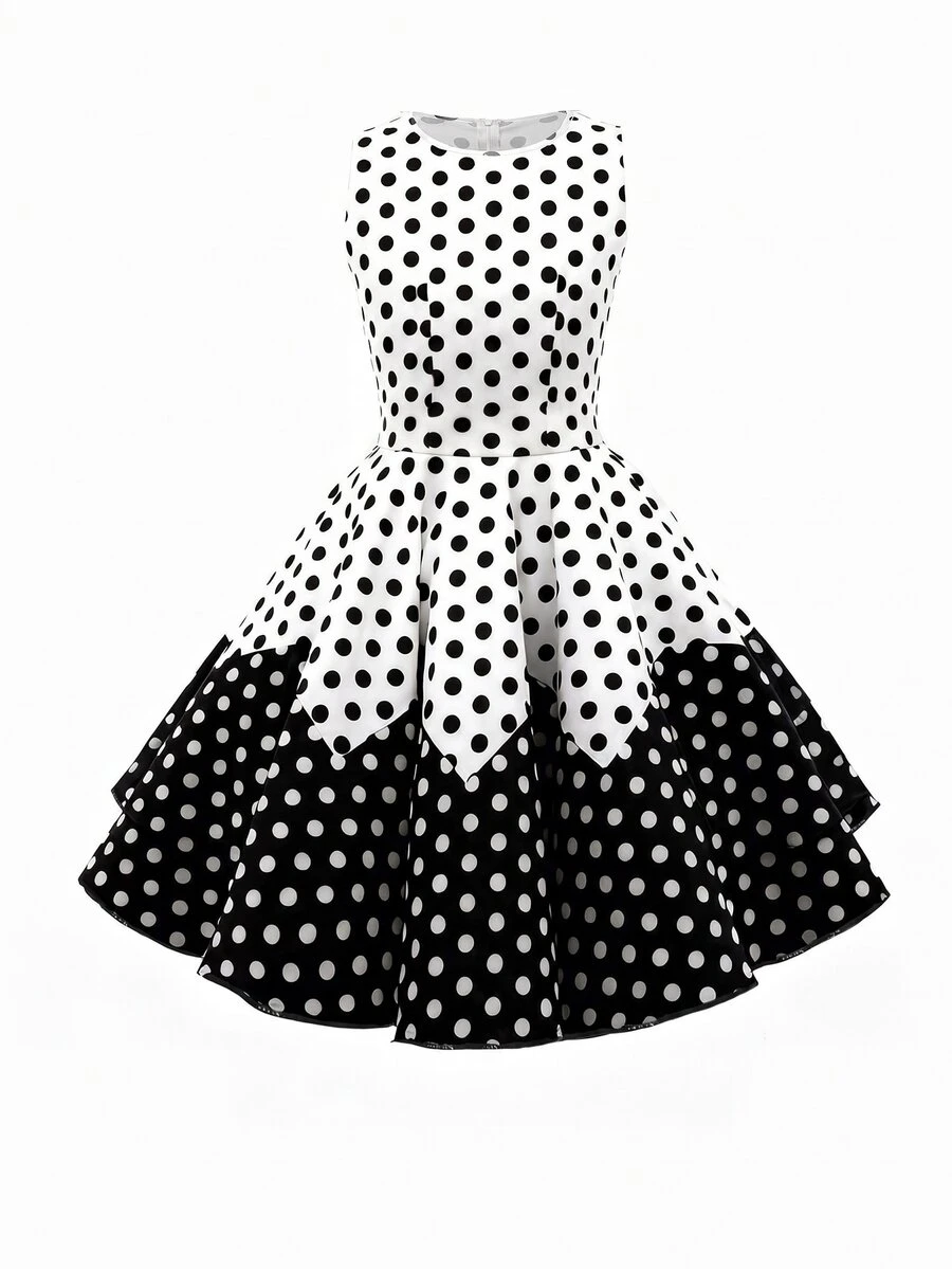 Franclia Women's White And Black Polka Dot,Summer,Retro Vintage,Tea Party Sleeveless Wavy Patchwork Casual Flared Midi Dress(Without A Belt)