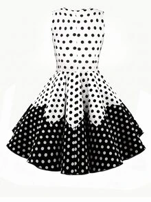 Franclia Women's White And Black Polka Dot,Summer,Retro Vintage,Tea Party Sleeveless Wavy Patchwork Casual Flared Midi Dress(Without A Belt) - Black and White - View 3