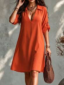 SHEIN Tall CURVE Gaun Panjang Wanita Ukuran Besar Gaya Prancis Kasual Musim Panas Lengan Pendek Leher V - Jeruk - View 7