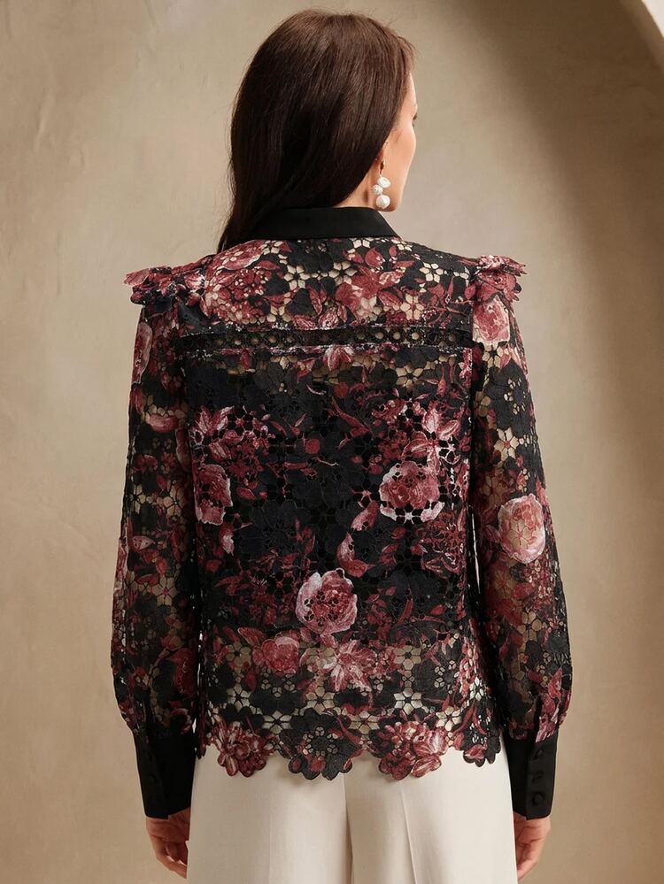 Anewsta Floral Print Ruffle Trim Lace Shirt - Black - View 5