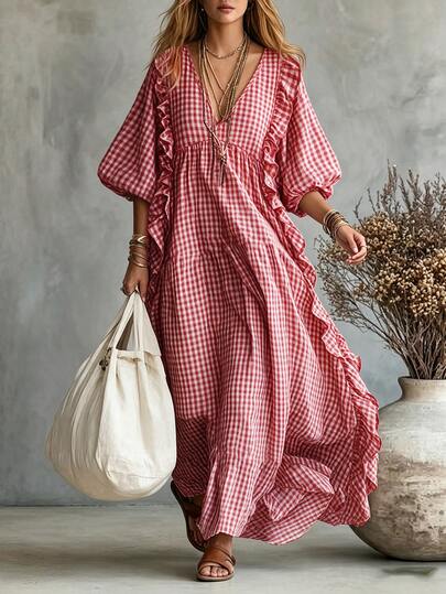 SHEIN Women's Plaid V-Neck Lantern Sleeve Patchwork Ruffle Hem Loose Long Dress Picnic Vacation Red And White Plaid Autumn Cottagecore Boho