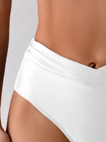 Swim Basics Bikini Bawahan Wanita untuk Liburan Pantai, Warna Polos, Pinggang Asimetris, Musim Panas - Putih - View 6