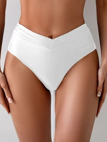 Swim Basics Bikini Bawahan Wanita untuk Liburan Pantai, Warna Polos, Pinggang Asimetris, Musim Panas - Putih - View 4