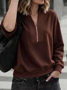 Louniche Sweatshirt Longgar Lengan Panjang Wanita Kasual Musim Gugur/Dingin, Bahan Bergaris, Patchwork, Resleting Logam di Bahu, Cocok untuk Santai dan Bepergian, Warna Cokelat Tua - Coffee Brown - View 8