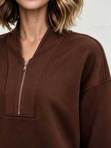 Louniche Sweatshirt Longgar Lengan Panjang Wanita Kasual Musim Gugur/Dingin, Bahan Bergaris, Patchwork, Resleting Logam di Bahu, Cocok untuk Santai dan Bepergian, Warna Cokelat Tua - Coffee Brown - View 6