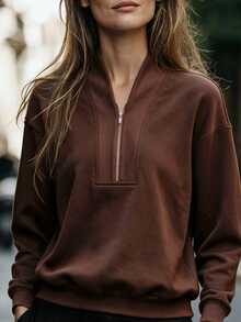 Louniche Sweatshirt Longgar Lengan Panjang Wanita Kasual Musim Gugur/Dingin, Bahan Bergaris, Patchwork, Resleting Logam di Bahu, Cocok untuk Santai dan Bepergian, Warna Cokelat Tua - Coffee Brown - View 7