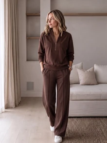 Louniche Sweatshirt Longgar Lengan Panjang Wanita Kasual Musim Gugur/Dingin, Bahan Bergaris, Patchwork, Resleting Logam di Bahu, Cocok untuk Santai dan Bepergian, Warna Cokelat Tua - Coffee Brown - View 1