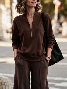 Louniche Sweatshirt Longgar Lengan Panjang Wanita Kasual Musim Gugur/Dingin, Bahan Bergaris, Patchwork, Resleting Logam di Bahu, Cocok untuk Santai dan Bepergian, Warna Cokelat Tua - Coffee Brown - View 9