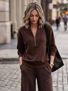 Louniche Sweatshirt Longgar Lengan Panjang Wanita Kasual Musim Gugur/Dingin, Bahan Bergaris, Patchwork, Resleting Logam di Bahu, Cocok untuk Santai dan Bepergian, Warna Cokelat Tua - Coffee Brown - View 4
