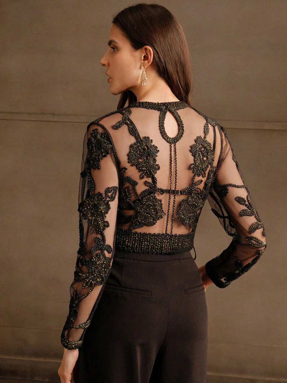 Spring Women's Valentine's Day Carnival Black Sexy Elegant Party Top Crochet Mesh Embroidery Sexy 3D Sheer Top Luxury Evening