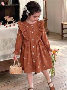 SHEIN Vintaside Kids 1件幼童女童刺繡洋裝，甜美鐵鏽棕色，荷葉邊鈕扣蝴蝶結長袖圓領，正裝生日派對秋季假期婚禮賓客復古風 - 卡其色 - 查看 1