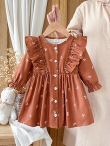 SHEIN Vintaside Kids 1件幼童女童刺繡洋裝，甜美鐵鏽棕色，荷葉邊鈕扣蝴蝶結長袖圓領，正裝生日派對秋季假期婚禮賓客復古風 - 卡其色 - 查看 3