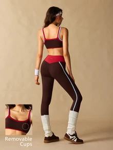 VARSIVA Women's Colorblock Patchwork Bra Leggings Sports Set Gym Workout Dark Brown Autumn Sporty Athletic - Multicolor - View 1